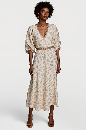 A Line Print Apricot V-Neck Midi Wedding Guest Dress with Belt